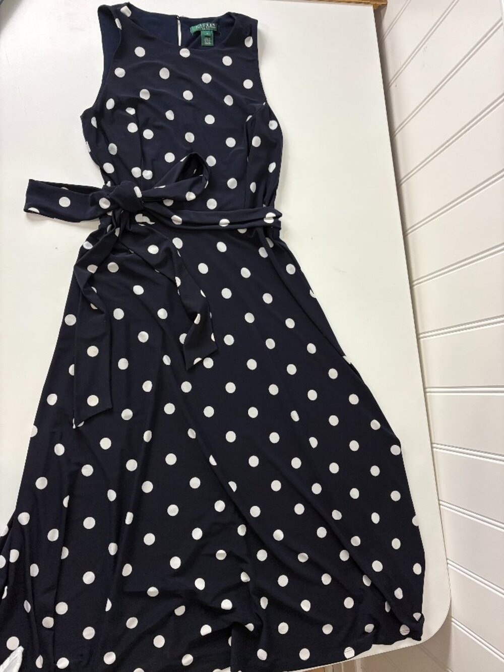Lauren Ralph Lauren Navy Blue and White Polka Dot Sleeveless Dress Sz 4